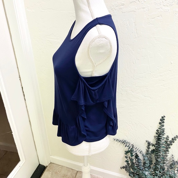 Max Studio, Cold Shoulder Peplum Navy Blue Blouse Sz Sm NWT - Picture 5 of 9